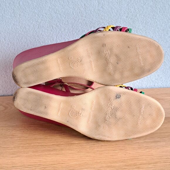 Famolare Vintage Sandals 10 Narrow 70s Hi-Up Pink Wavy Platform Strappy Wedge - Picture 7 of 11